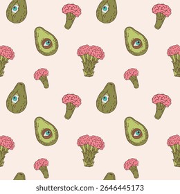 Seamless surreal vector pattern featuring an avocado with an eye and broccoli with a brain. A bold and imaginative design blending food and fantasy elements in minimalist line art style