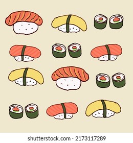 Seamless sushi illustration pattern, yellow background