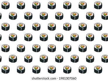 Seamless sushi on white background. Close up Japanese food anime drawing. Vector illustration on white background.  