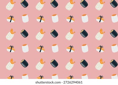 Patrón de sushi sin fisuras, ilustración de comida linda, muestra disponible en el panel de muestras, fondo de sushi de repetición