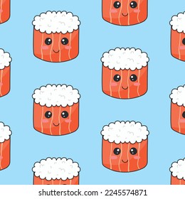 Seamless sushi pattern with fish in kawaii style. Sushi in kawaii style. Cute cartoon face rolls. Vector illustration.