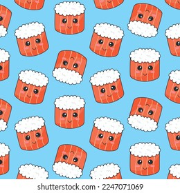 Patrón de sushi sin foco con pescado al estilo kawaii. Sushi al estilo kawaii. Bocadillos de caricatura. Ilustración vectorial.