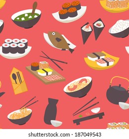 Seamless sushi pattern, flat design vector for restaurant, menu, cafe and culinary blogs and sites.