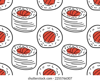 Seamless sushi pattern. Fresh sushi on white background. Asian Sushi rolls with red fish salmon. Repeated doodle vector illustration for wallpaper, textile, wrapping, scrapbooking. Asian cuisine.