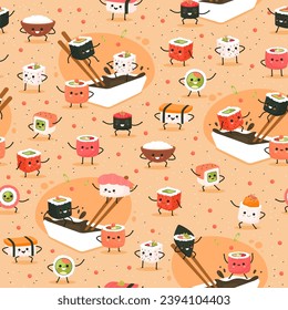 Seamless sushi pattern. Funny asian foods characters, japanese meal. Decor kitchen textile, wrapping paper, wallpaper design. Rolls kawaii faces, seafood cute print for fabric. Vector concept