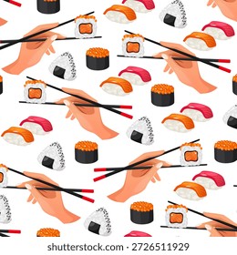 Nahtloses Sushi-Muster mit Händen, die Essstäbchen halten, Nigiri-Sushi, Lachs- und Thunfisch-Sushi, Onigiri-Reisbällchen und Ikura-Gunkan, japanischer Essensvektor-Druck auf weißem Hintergrund