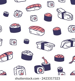 Patrón de sushi sin foco. La comida japonesa, el fondo interminable, la impresión repetida. Rollos de Japón, textura maki para envoltura, paquete, textil, diseño de tela. Ilustración vectorial plana del restaurante imprimible