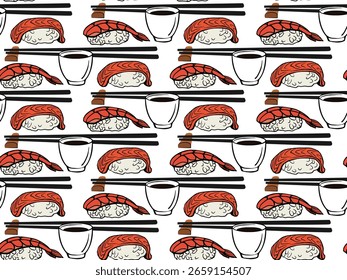 Padrão de sushi sem costura com nigiri de salmão, pauzinhos e xícaras de molho de soja em fundo branco, ideal para embalagens, têxteis, papéis de parede, artigos de papelaria e decorações de restaurante.
