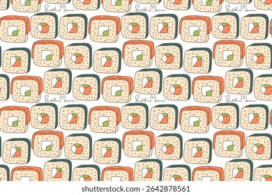 Seamless Sushi pattern. Salmon Rolls with avocado, cream cheese, rice served sketch. Hand drawn lineart vector illustration. Repeated background, textile, wallpaper, packaging.Traditional sushi rolls.