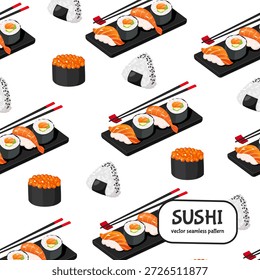 Nahtloses Sushi-Muster mit Sushi-Set auf Tellern, Nigiri-Sushi, Maki-Rollen, Lachs-Sushi, Ikura-Gunkan und Onigiri-Reisbällchen mit Stäbchen, japanische Lebensmittel-Vektorgrafik auf weißem Hintergrund.