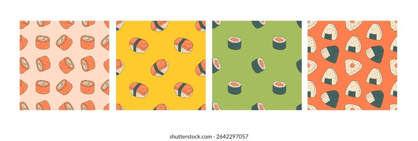 Seamless Sushi Pattern set with Rolls, onigiri, sushi. Hand drawn vector background illustration. Set of four. Repeated backgrounds for textile, wallpaper, packaging. Japanese food and rolls menu.