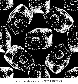 seamless sushi roll pattern. A hand-drawn geometric pattern of a Japanese-style square-shaped sushi roll with rice and stuffing, highlighted with a white outline on black, is often used to design a pa