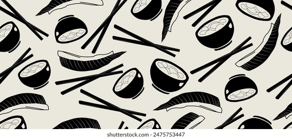 Seamless Sushi and Rolls Pattern - Black and White