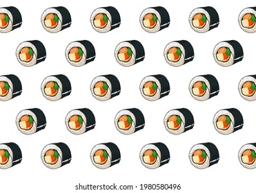 Seamless sushi seaweed roll on white background. Close up Japanese food anime drawing. Vector illustration on white background.   