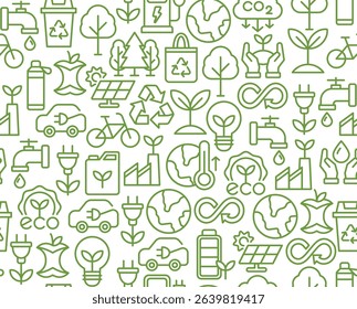 Seamless sustainability pattern with eco-friendly icons such as solar panel, recycling, electric car, and green energy in linear style. Ideal for backgrounds, packaging, and print.