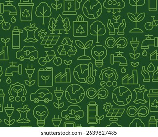 Seamless sustainability pattern with eco-friendly icons such as solar panel, recycling, electric car, and green energy in linear style. Ideal for backgrounds, packaging, and print.