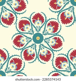 Seamless suzani pattern in beige background. Geometric shape patterns for fabrics and other things for creating different designs. 