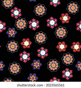 Seamless suzani pattern in black background - flowers and leaves. Traditional embroidery textile product in Uzbekistan. Digital textile. Fabric