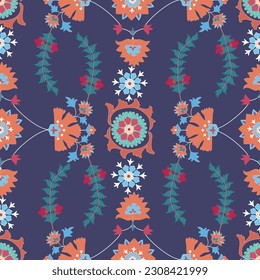 Seamless suzani pattern in blue background. Geometric shape patterns for fabrics and other things for creating different designs.
