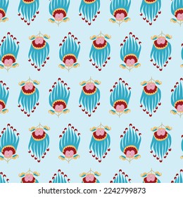 Seamless suzani pattern - blue carpet pattern, traditional art in Central Asia, used in the Home decor and fashion industry. Suzane. Embroidery textile product. 