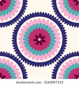 Seamless Suzani pattern featuring traditional floral motifs. Vibrant ornaments inspired by hand embroidery, crafted in an ethnic design. Perfect for textiles, wallpapers, packaging, or decorative pr.