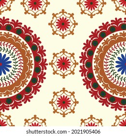 Seamless suzani pattern - traditional carpet pattern, traditional art in Central Asia, using in Home decor and fashion industry. Suzane. Embroidery textile product. Samarkand style suzani