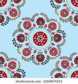 Patrón suzani sin foco - patrón de alfombra tradicional, arte tradicional en Asia Central, usado en la decoración del hogar y la industria de la moda. Suzane. Producto textil de bordado. 
