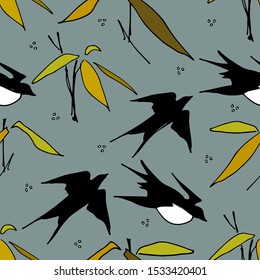 Seamless swallow and bamboo pattern, hand-drawn in vector. Paper, wallpaper, wrapping paper, textile.
