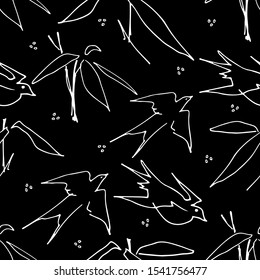 Seamless swallow and bamboo pattern, hand-drawn in vector. Paper, wallpaper, wrapping paper, textile.
