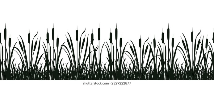 Seamless swamp vegetation silhouette. Vector illustration of border with reeds for design. River cattail with grass.