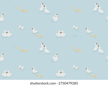 Seamless swan and cygnet swimming pattern