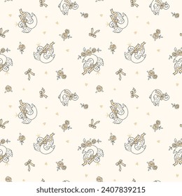 Seamless swan pattern vector and line flowers illustration background.