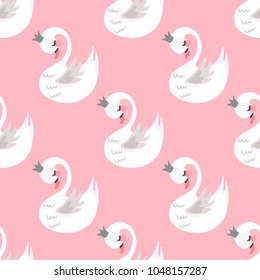 Seamless swan princess pattern. Cute princess swan. Cartoon hand drawn vector illustration. 