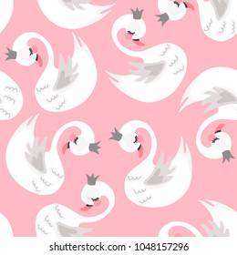 Seamless swan princess pattern. Cute princess swan. Cartoon hand drawn vector illustration. 