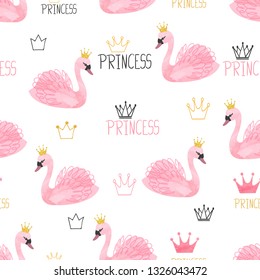Seamless swan princess pattern. Vector watercolor illustration.