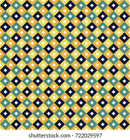 Seamless swatch - square or rhombus ornaments in diagonal way and muted colors of yellow, brown, orange and blue with white squares in center of each one