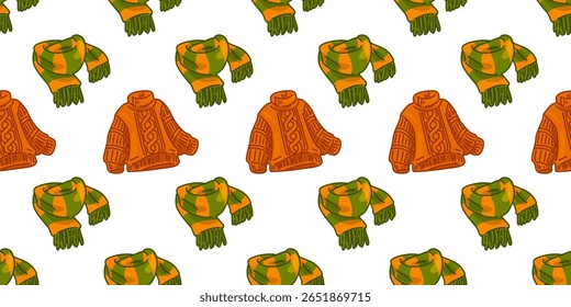 Seamless Sweater and Scarf Pattern. Cozy orange sweaters and striped green scarves repeating on white background. Warm autumn cartoon design with flat texture and seasonal mood.