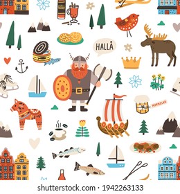 Seamless Swedish pattern with symbols of Sweden and Stockholm on white background. Endless design for printing. Scandinavian texture with viking, elk, food and ship. Colored flat vector illustration