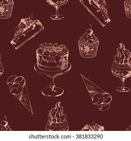 Seamless sweet background with desserts and Birthday cake. Ink drawn vector illustration in sketch style on brown.