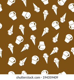 Seamless sweet brown background, cakes and ice cream