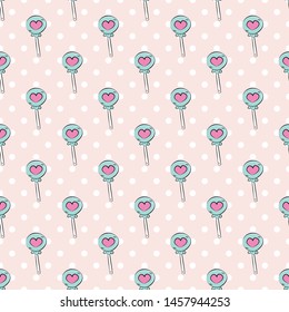 seamless sweet candies pattern on polka dot pink background. vector, illustration