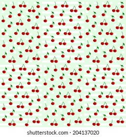 Seamless sweet cherry pattern on green background, can be used like wallpaper, greeting card design, restaurant menu cover, textile print. vector art image illustration
