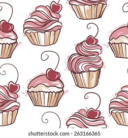 Seamless sweet cupcake pattern. hand-drawn picture of cupcakes