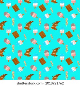 Seamless sweet desserts pattern with ice cream, chocolate bar, chocolate fountain and lollipop for textile, fabric, wallpaper, and background 