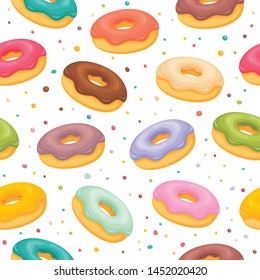 Seamless sweet donuts with different cream topping pattern background 