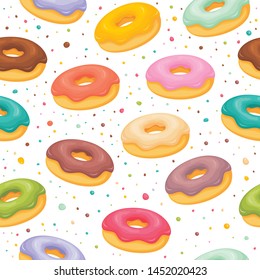 Seamless sweet donuts with different cream topping pattern background 
