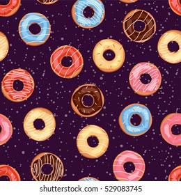 Seamless sweet donuts into the glaze. Pattern.