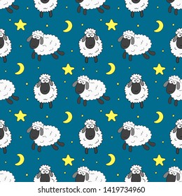 seamless sweet dreams sheep funny animal pattern on blue background for fabric, textile, paper, wallpaper, wrapping or greeting card. vector illustration.