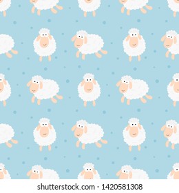 seamless sweet dreams sheep funny animal pattern on blue background for fabric, textile, paper, wallpaper, wrapping or greeting card. vector illustration.