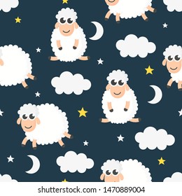 seamless sweet dreams sheep funny animal pattern on blue background for fabric, textile, paper, wallpaper, wrapping or greeting card. vector illustration.
